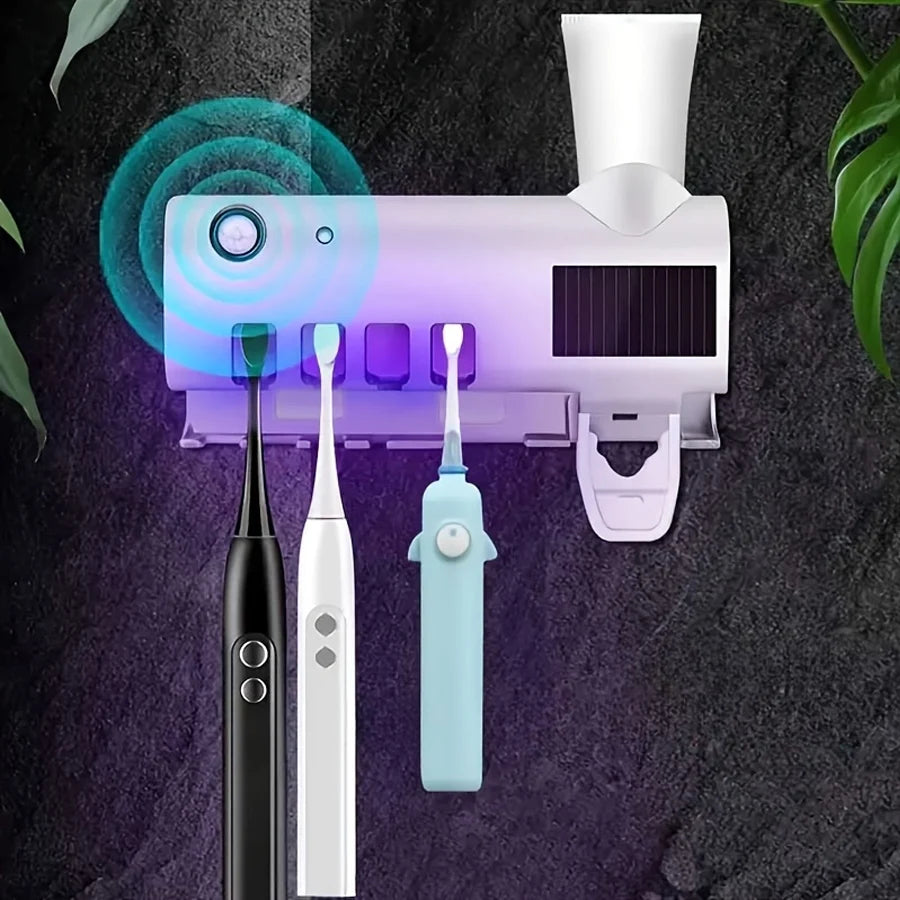 Upgraded 3-in-1 Electric Blue Light Disinfection Toothbrush Holder with Toothpaste Dispenser, Wall-Mounted No-Drill USB Charging