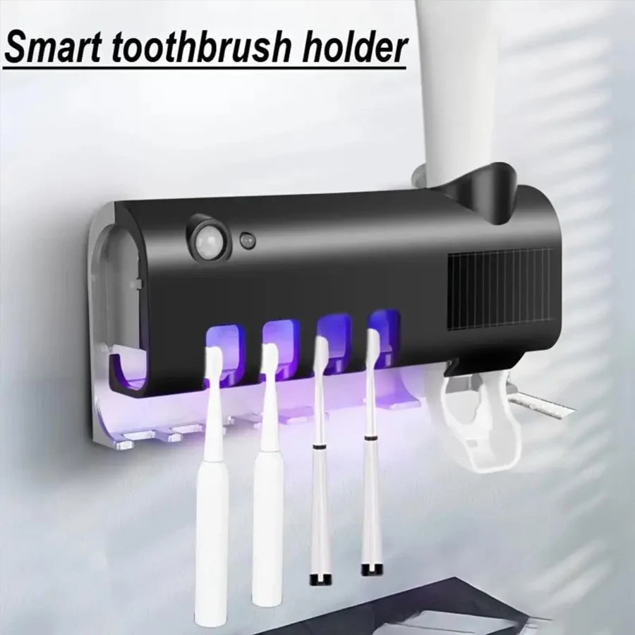 Upgraded 3-in-1 Electric Blue Light Disinfection Toothbrush Holder with Toothpaste Dispenser, Wall-Mounted No-Drill USB Charging