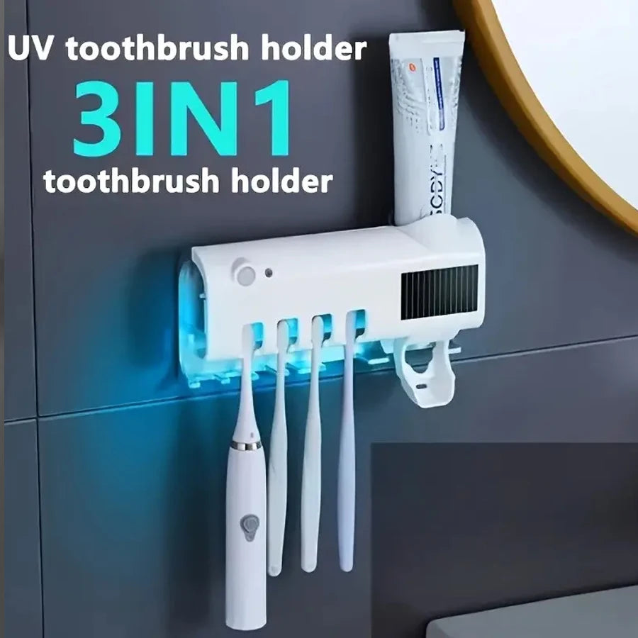 Upgraded 3-in-1 Electric Blue Light Disinfection Toothbrush Holder with Toothpaste Dispenser, Wall-Mounted No-Drill USB Charging