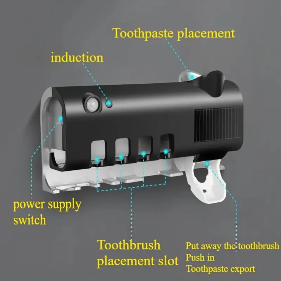 Upgraded 3-in-1 Electric Blue Light Disinfection Toothbrush Holder with Toothpaste Dispenser, Wall-Mounted No-Drill USB Charging