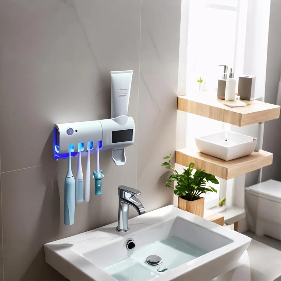 Upgraded 3-in-1 Electric Blue Light Disinfection Toothbrush Holder with Toothpaste Dispenser, Wall-Mounted No-Drill USB Charging
